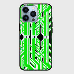 Чехол iPhone 13 Pro Бело-зелёные техно полосы на чёрном фоне