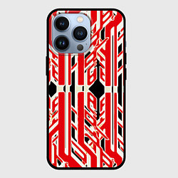 Чехол iPhone 13 Pro Бело-красные техно полосы на чёрном фоне