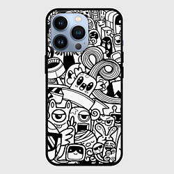 Чехол для iPhone 13 Pro Black and white doddle monsters, цвет: 3D-черный