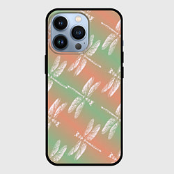 Чехол для iPhone 13 Pro Стрекозы на розово-зеленом, цвет: 3D-черный