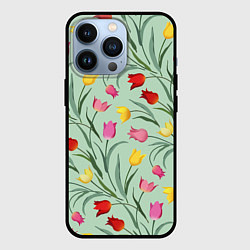 Чехол iPhone 13 Pro Тюльпаны цветочный паттерн на светло-зелёном фоне