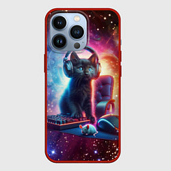 Чехол iPhone 13 Pro Котёнок в наушниках с мышкой в космосе