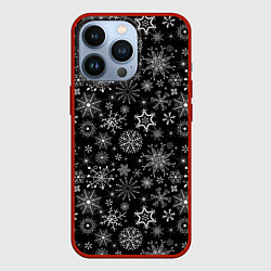 Чехол для iPhone 13 Pro Белые снежинки на черном, цвет: 3D-красный