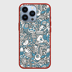Чехол iPhone 13 Pro Дудлинг серо-голубой