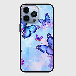 Чехол iPhone 13 Pro Бабочки и сирень - нежная голубая живопись