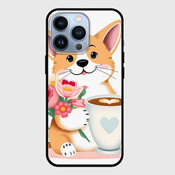 Чехол iPhone 13 Pro Поздравляющий корги с цветами