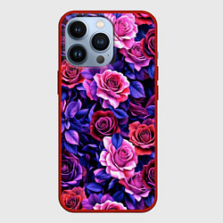 Чехол для iPhone 13 Pro Разноцветные цветы - синие розы паттерн, цвет: 3D-красный