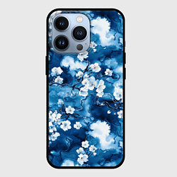Чехол iPhone 13 Pro Цветы белой сакуры - паттерн на синем фоне