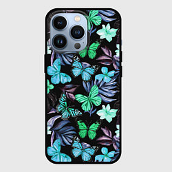 Чехол для iPhone 13 Pro Бабочки и тропические цветы на черном фоне, цвет: 3D-черный
