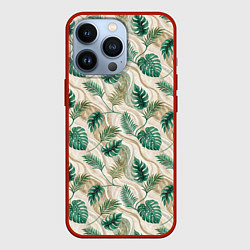 Чехол iPhone 13 Pro Листья монстеры на мраморном фоне