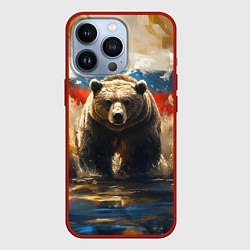 Чехол iPhone 13 Pro Медведь и флаг РФ в поле