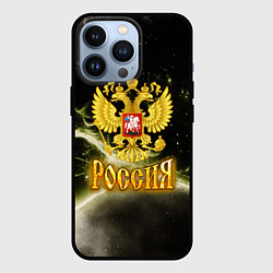 Чехол iPhone 13 Pro Россия - герб на черно-зеленом фоне