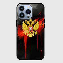 Чехол iPhone 13 Pro Герб России - красная краска на черном