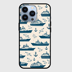 Чехол iPhone 13 Pro Морской паттерн из чаек, якорей и кораблей