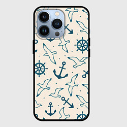 Чехол iPhone 13 Pro Морской паттерн из штурвалов, чаек и якорей