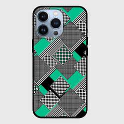 Чехол iPhone 13 Pro Черно бирюзовая абстрактная геометрия пэчворк