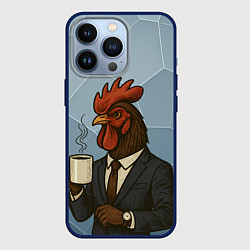 Чехол для iPhone 13 Pro Петух бизнесмен с кофе, цвет: 3D-тёмно-синий