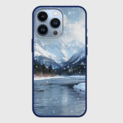Чехол для iPhone 13 Pro Снежный горный пейзаж с елями и рекой, цвет: 3D-тёмно-синий