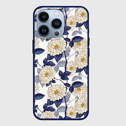 Чехол для iPhone 13 Pro Цветы с синими листьями, цвет: 3D-тёмно-синий