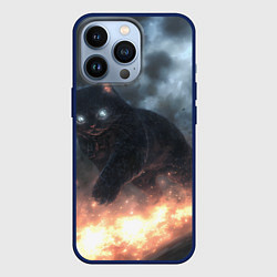 Чехол iPhone 13 Pro Черный кот идет по огню - стиль киберпанк
