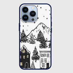 Чехол для iPhone 13 Pro Заснеженный черно-белый город, цвет: 3D-тёмно-синий