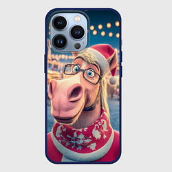 Чехол для iPhone 13 Pro Новогодний конь в очках, цвет: 3D-тёмно-синий