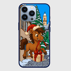 Чехол iPhone 13 Pro Лошадка распаковывает новогодний подарок
