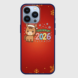 Чехол iPhone 13 Pro Новогодняя лошадка 2026 на красном фоне