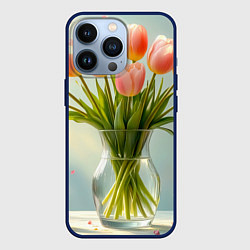 Чехол для iPhone 13 Pro Нежно-розовые тюльпаны в лучах весны, цвет: 3D-тёмно-синий