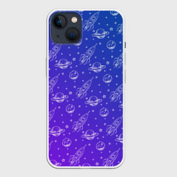 Чехол для iPhone 14 Plus Ракеты и планеты, цвет: 3D-белый