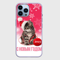 Чехол для iPhone 14 Pro Max Новогодний котенок на розовом фоне, цвет: 3D-светло-сиреневый