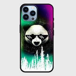 Чехол для iPhone 14 Pro Max Панда в очках на фоне северного сияния и леса, цвет: 3D-черный