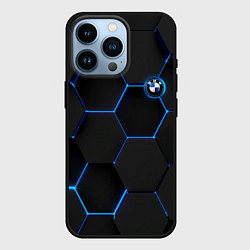 Чехол для iPhone 14 Pro BMW blue neon theme, цвет: 3D-черный