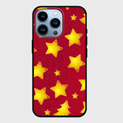 Чехол для iPhone 14 Pro Золотые звезды и елки на красном, цвет: 3D-черный
