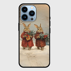 Чехол для iPhone 14 Pro Зайцы с новогодними подарками, цвет: 3D-черный