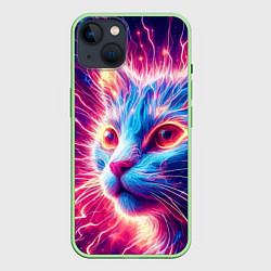 Чехол для iPhone 14 Неоновая мордочка котёнка - нейроарт элетро кот, цвет: 3D-салатовый