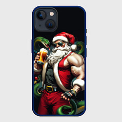 Чехол для iPhone 14 Дед Мороз с бокалом и зелёной змеёй, цвет: 3D-тёмно-синий