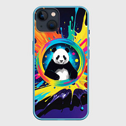 Чехол для iPhone 14 Панда на фоне взрыва красок, цвет: 3D-голубой