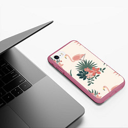 Чехол iPhone 7/8 матовый Розовый фламинго и цветы, цвет: 3D-малиновый — фото 2