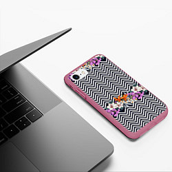 Чехол iPhone 7/8 матовый Тропически цветы с орнаментом, цвет: 3D-малиновый — фото 2
