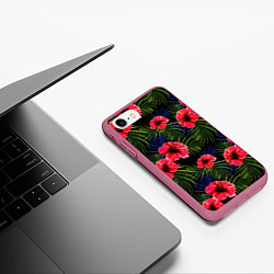 Чехол iPhone 7/8 матовый Тропические цветы и листья, цвет: 3D-малиновый — фото 2