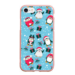 Чехол iPhone 7/8 матовый Новогодние Пингвины, цвет: 3D-светло-розовый