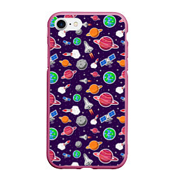 Чехол iPhone 7/8 матовый Корабли, планеты и спутники, цвет: 3D-малиновый