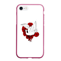 Чехол iPhone 7/8 матовый Аист на фоне красных роз, цвет: 3D-малиновый