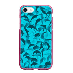 Чехол iPhone 7/8 матовый Синий камуфляж с дельфинами, цвет: 3D-малиновый