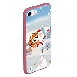 Чехол iPhone 7/8 матовый Санта и тигр делают сэлфи, цвет: 3D-малиновый — фото 2