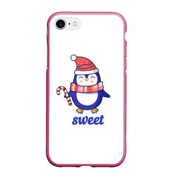 Чехол iPhone 7/8 матовый Милый пингвин с конфетой и надписью Sweet, цвет: 3D-малиновый