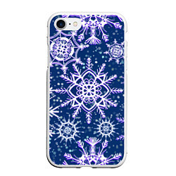 Чехол iPhone 7/8 матовый Белые снежинки на темно-синем фоне
