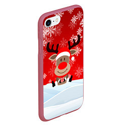 Чехол iPhone 7/8 матовый Новогодний Олень сидит в снегу, цвет: 3D-малиновый — фото 2