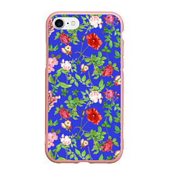 Чехол iPhone 7/8 матовый Цветочки - синий фон - паттерн, цвет: 3D-светло-розовый